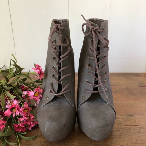 Speed Limit 98 Scala High Heel Lace-up Platform Booties Taupe - Picture 2 of 8